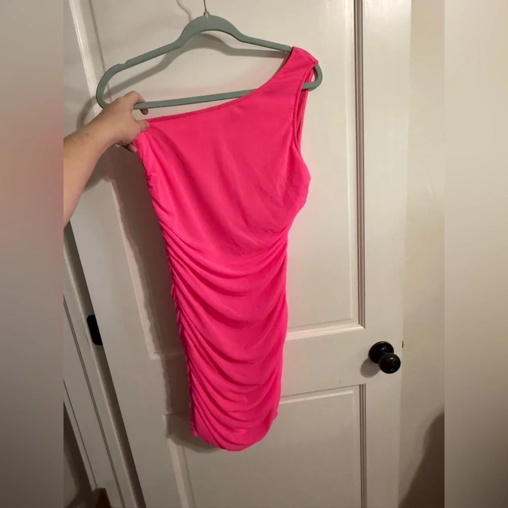 BTFBM One Shoulder Ruched Neon Pink Mini Dress - Picture 1 of 7